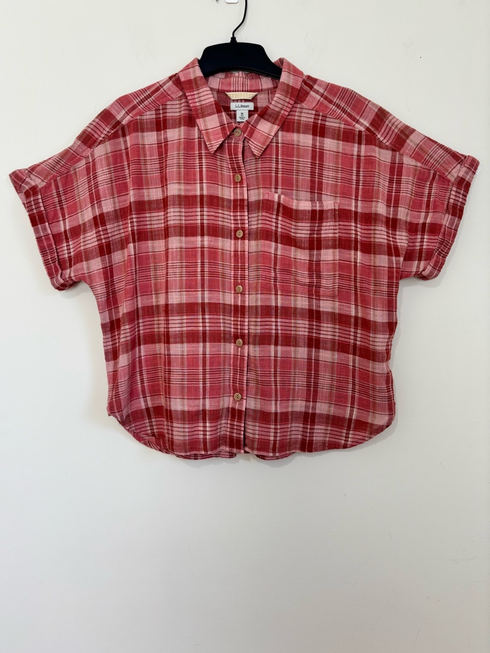 LL Bean Petite M Relaxed Cotton Boxy Short Sleeve Button Up Crop Preppy Shirt M